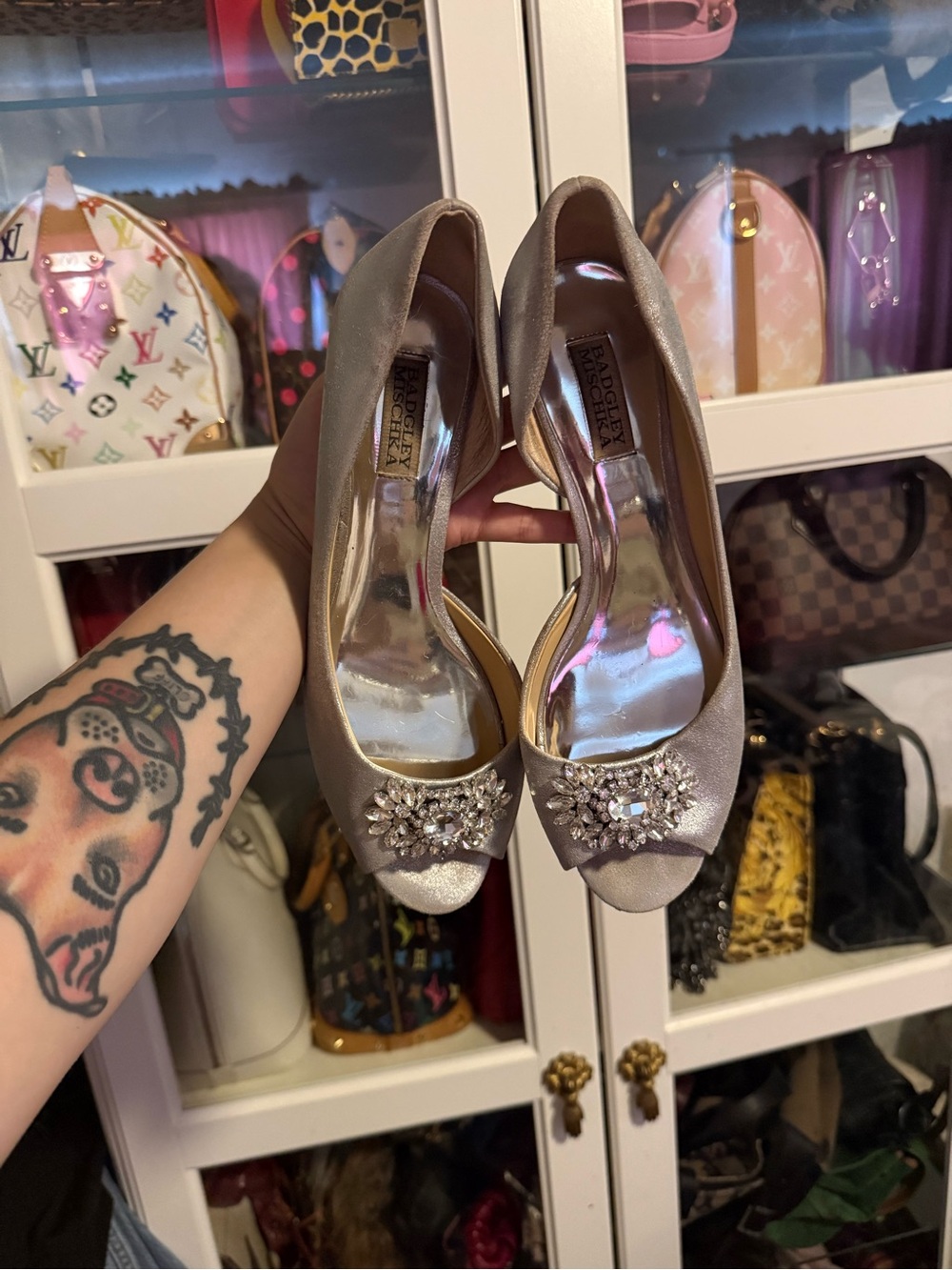 Badgley Mischka Taupe Satin Jeweled Open-Toe Heels